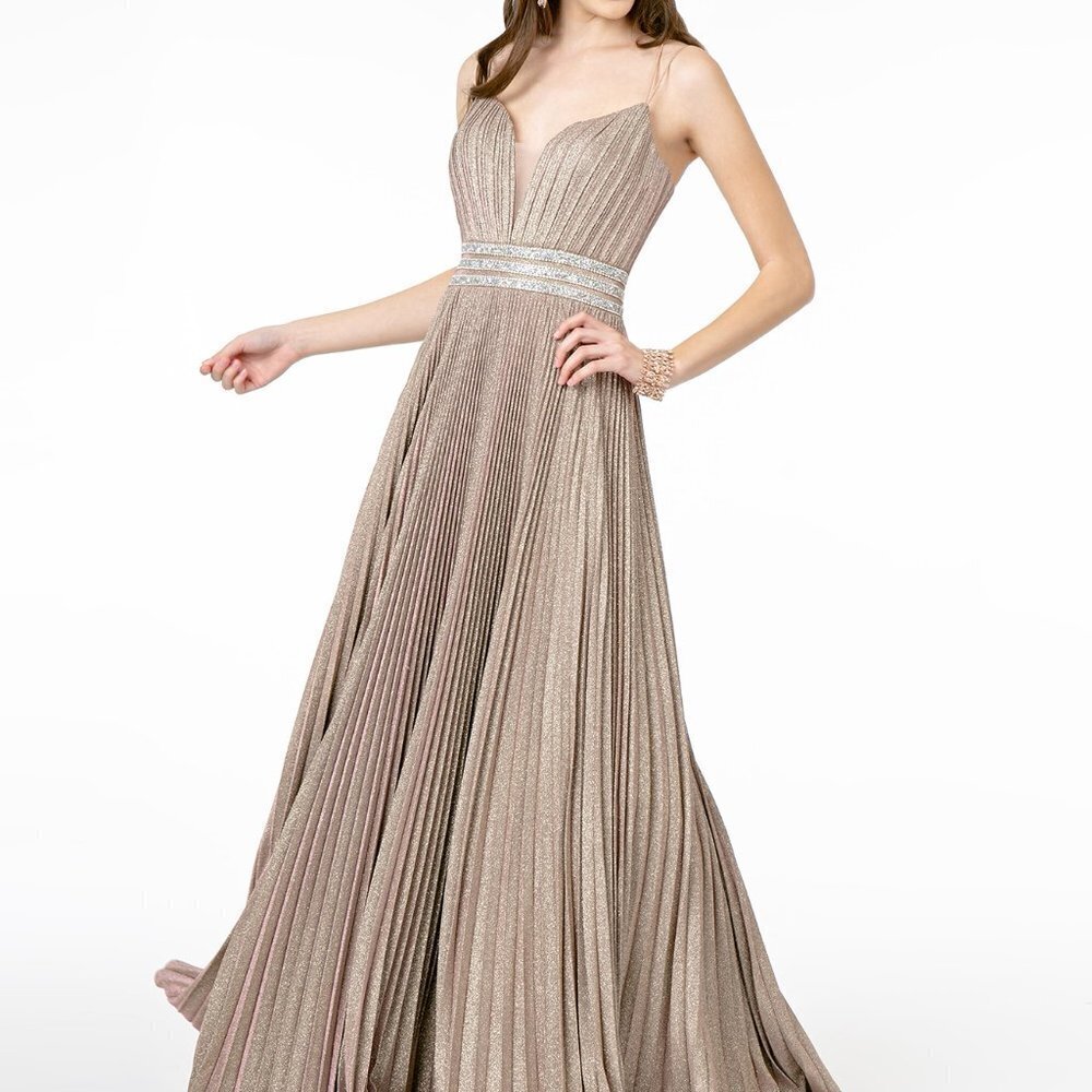 Illusion V-Neck A-Line Pleated Long Dress GSGL2905